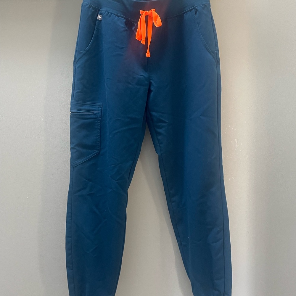 Figs Blue Joggers with Orange Drawstring and Elastic Cuffs